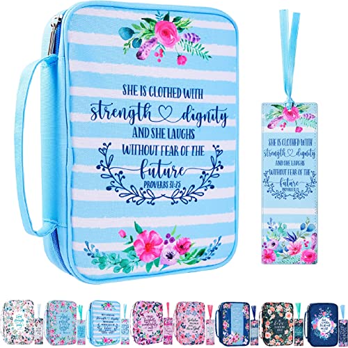Floral Bible Cover Case with Scripture Carrying Book Case Church Bag with Leather Bookmark Protective with Handle, Zipper and Pockets for Standard Size Bible, Gift for Women Girl Kids 10x7.5x2.5"