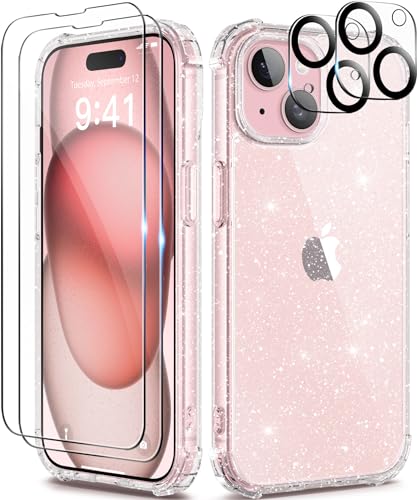 TIESZEN 7 in 1 Compatible with iPhone 15 Case Glitter, with 3X Screen Protector + 3X Camera Lens Protector, [Non-Yellowing] Clear Sparkle Slim Shockproof Phone Cover for Women 6.1 Inch, Shiny Clear