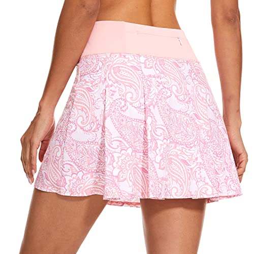 M MOTEEPI 16" Tennis Skirts for Women Pleated Golf Athletic Skorts Skirts with Shorts Pockets Running Pickleball Summer Crystal Pink Medium