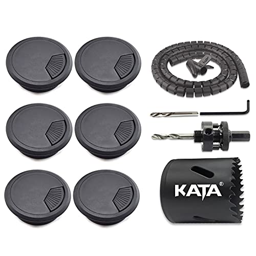 KATA 6-Pack Desk Grommet 2 Inch (50mm) Wire Cord Cable Desk Hole Cover with Bi-Metal Hole Saw Kit and Cord Wire Wrap Coiled Tube Sleeve Management, 2M Cable Sleeve Organizer