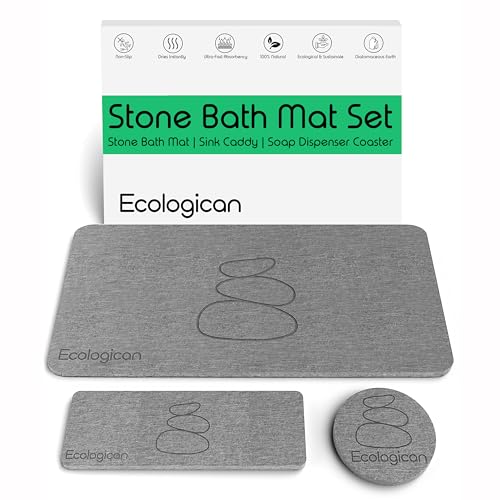 Ecologican Stone Bath Mat Set - Super Absorbent 3 Diatomaceous Earth Mats Perfect for Kitchen Counter, Bathroom, Shower & Dog Bowls - Quick Drying, Non Slip & Easy to Clean (23.6" x 15.4")