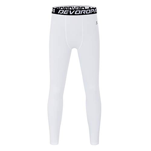 DEVOROPA Boys Leggings Quick Dry Youth Compression Pants Sports Tights Basketball Base Layer White M