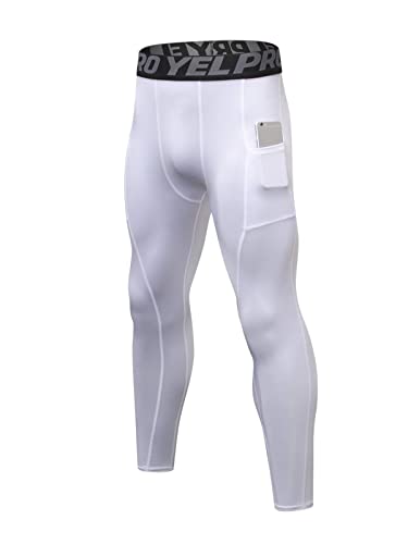 ABTIOYLLZ Men's Compression Pants White Athletic Leggings Pockets Sports Baselayer Basketball Cycling Tights Active Running Pants