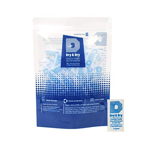 Dry & Dry 0.5(Half) Gram [100 Packets] Pure & Safe Silica Gel Packets Desiccant Dehumidifiers Silica Gel Packs - Food Safe Silica Packets Silica Gel Moisture Absorbers