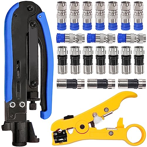 Taiss Coax Cable Crimper Tool Kit with 20 PCS F Style RG59 RG6 Compression connectors,Coaxial Cable Stripper,Coaxial Cable Compression Tool Kit,Adjustable RG59 RG6 RG7 RG11 coaxial cable crimper