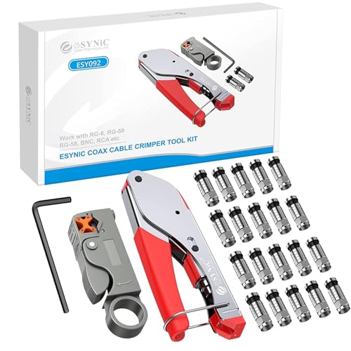 Coaxial Cable Crimper,eSynic Professional Coax Crimping Tool Coax Cable Crimper Tool Kit F Type Compression Tool for RG6 Coax Tools with 20pcs RG6 Crimp Connectors and a Rotary Coaxial Cable Cutter