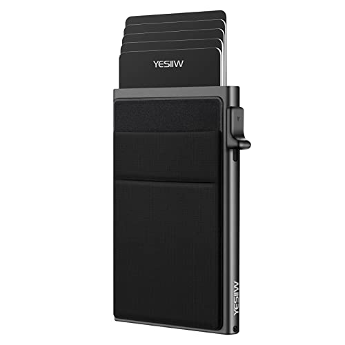 YESIIW Slim Wallet for Men - Pop up Card Holder RFID Blocking Minimalist Business Credit Card Wallet with Money Pocket Metal Card Case for Notes and Coins and Debit Cards Black