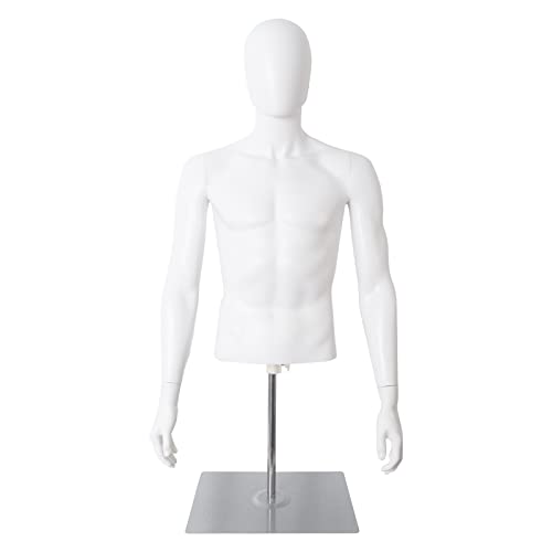 SHAREWIN Male Mannequin with Metal Stand Adjustable Plastic Half Body Display Mannequin Head, for Retail Clothing Shops, White