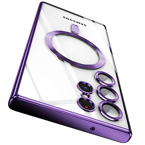 sheheme for Samsung Galaxy S22 Ultra Case,with Full Camera Lens Protector,Compatible with MagSafe,Clear Magnetic Case for S22 Ultra,Plating Anti-Scratch Slim Thin Case Cover for Men Women,Purple