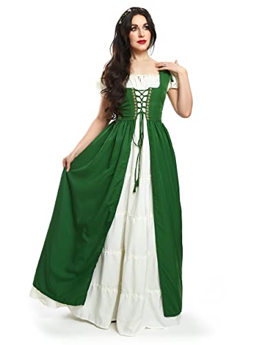 Reminisce renaissance women dress medieval Irish Costume Chemise and Over Dress (XXS/XS, Hunter Green)