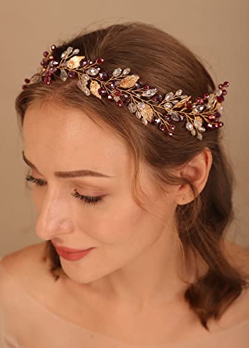 Denifery Red Hair Vine Crystal Hair Vine Wedding Fall Red Hair Piece Boho Hair Vine Gold Leaf Hair Vine Crystal Headband Bridal Hair Vine for Women and Girls