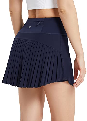 BALEAF Women's Pleated Tennis Skirts High Waisted Lightweight Athletic Golf Skorts Skirts with Shorts Pockets Navy Small