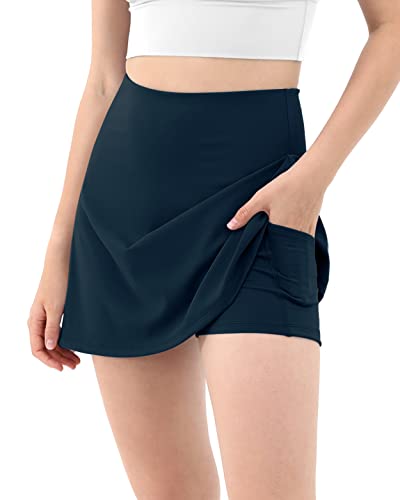 ODODOS Women's High Waisted Tennis Skirts with Pockets Built-in Shorts Golf Skorts for Athletic Sports Running Gym Training, Deep Navy, Medium