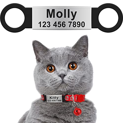 Taglory Silent Slide On Puppy Dog Cat ID Tags,Personalized Laser Engraved On Collar,Elastic Silicone Band and Stainless Steel Name Plate,Universal Design for Most Style Pet Collars (Black, 1Pack)
