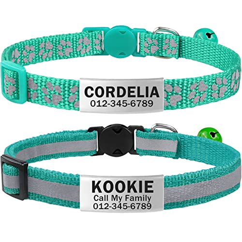 TagME 2 Pack Cat Collar with Name Tag, Personalized Reflective Cat Collar Breakaway with Bell for Boy & Girl Cats, Turquoise