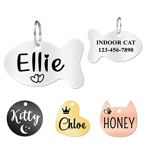 Ultra Joys Cat Tags Personalized Small Cat Dog ID Tag - Cat Collar with Name Tag - Stainless Steel - Pet Tags Both Side Engravable, Fish Tag in Silver