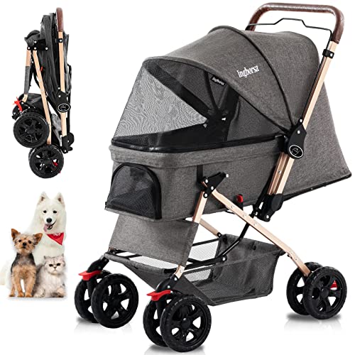 Ingborsa Pet Dog Stroller for Cats and Dog Four Wheels Carrier Strolling Cart with Weather Cover, with Storage Basket for Small Medium Dogs & Cats. Gray