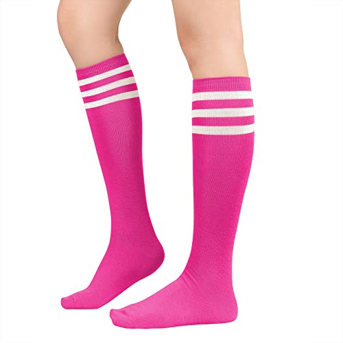 Century Star Hot Pink Knee High Socks Athletic Thin Stripes Tube Socks High Stockings Outdoor Sport Socks 1 Pack Hot Pink White One Size