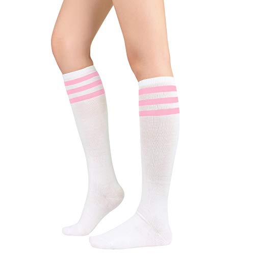 American Trends Womens Athletic Socks Outdoor Sport Socks Thigh High Tights Stockings Casual Stripes Tube Socks 1 Pack White Pink One Size