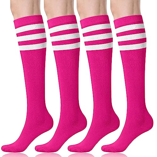 FITRELL Women's Knee High Socks Athletic Socks Stripe Tube Outdoor Sport Socks 4 Pairs, Hot Pink