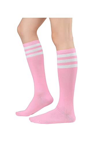 Century Star Knee High Socks Socks for Women Athletic Running Casual Long Tube Socks with Triple Stripes 1 Pink White One Size