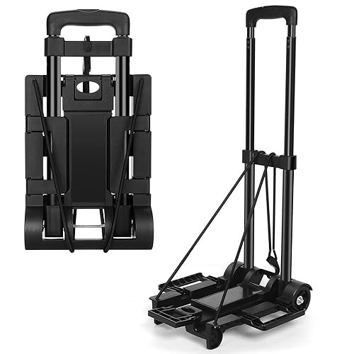 Folding Hand Truck Dolly with 2 Wheels, Foldable Luggage Cart, Utility Portable Expandable Large Chassis Collapsible for Moving Shopping Travel Office Use, Black