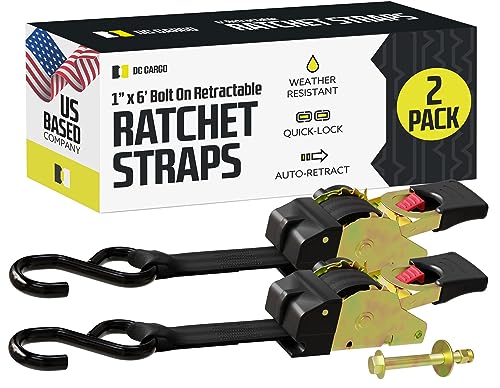 DC Cargo Bolt-on Auto Retractable Ratchet Straps - (2 Pack) 1 Inch x 6 Ft - 600 lbs Break Strength - Retractable Ratchet Tie Down Straps for Boats, Jet Skis, Motorcycles, ATVs