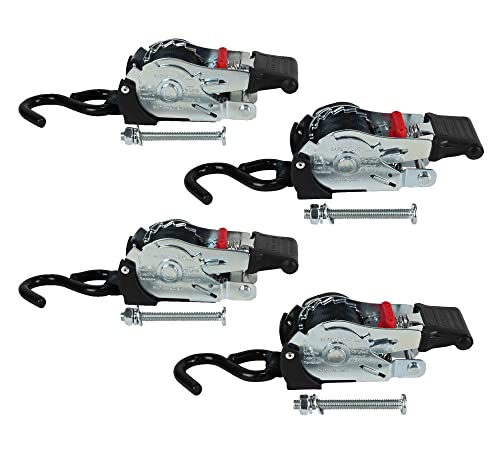 Mytee Products 4 Pack 1'' x 10' Bolt on Retractable Ratchet Straps for Cargo - Coated S Hook Auto Retract Ratchet Straps - Self Ratcheting Strap for Boat Tie Down to Trailer & Jet Ski, ATVs, Bikes