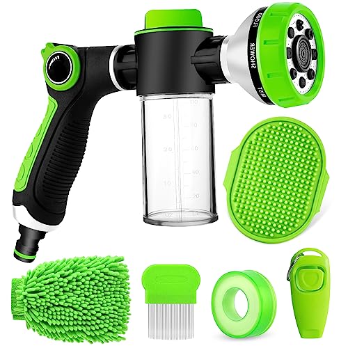 Upgraded Pup Jet Dog Wash Attachment,8 Spray Pattern Dog Washing Hose Attachment with Soap Dispenser,Dog Training Clicker and Car Wash Mitt, 3/4 In Garden Hose Nozzle for Watering Plants,Showering Pet