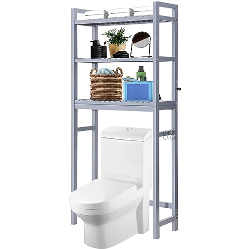 HITOMEN Over The Toilet Storage Cabinet, Bamboo Adjustable 3-Tier Above Toilet Shelf, Stable Freestanding Above Toilet Organizer with 3 Hooks for Bathroom Restroom Laundry Balcony, Grey 67" H
