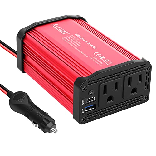 ALLWEI 300W Car AC Power Inverter DC 12V to 110V for Vehicles Converter USB-C PD65W/18W USB Fast Charging Ports Car Charger Adapter (Red)