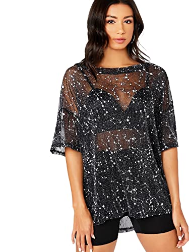 WDIRARA Women's Sheer See Through Short Sleeve Mesh Top Tee Blouse Black Galaxy S