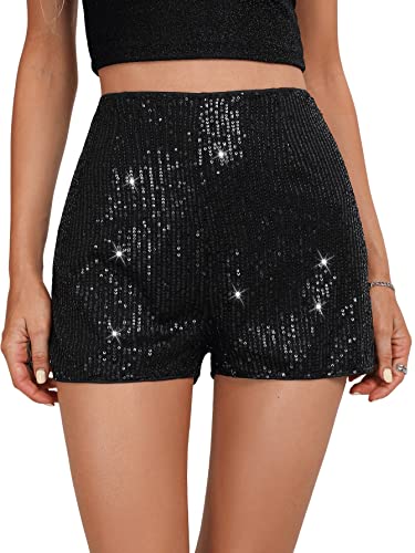 SweatyRocks Women's Sequins High Elastic Waist Straight Leg Shorts Solid Glitter Party Shorts Black M