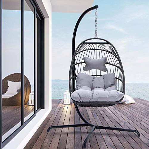 NICESOUL Indoor Outdoor Patio Wicker Hanging Egg Chair Swing Hammock Egg Chairs UV Resistant Cushions 350lbs Capaticy for Patio Bedroom Balcony (Grey)