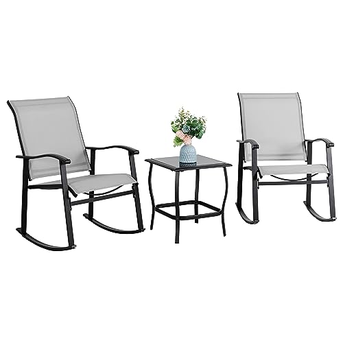 Vongrasig 3 Piece Outdoor Rocking Bistro Set, Textilene Fabric Small Patio Furniture Set, Front Porch Rocker Chairs Conversation Set with Glass Table for Lawn, Garden, Balcony, Poolside (Light Gray)