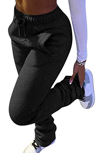 HuiSiFang Women Sweatpants Ruched Thicked Warm Stacked Pants High Waist Workout Legging Yoga Pants Black