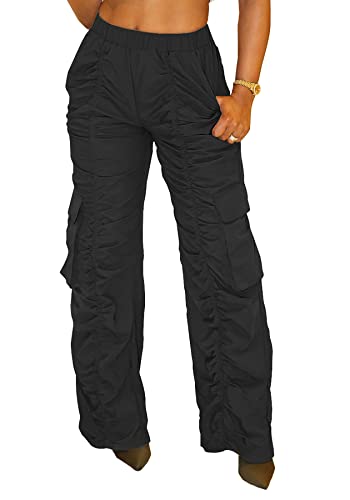 Tcremisa Casual Cargo Pants for Women Solid High Waist Ruched Workout Sweatpants Straight Leg Hiking Trousers with Pockets Black