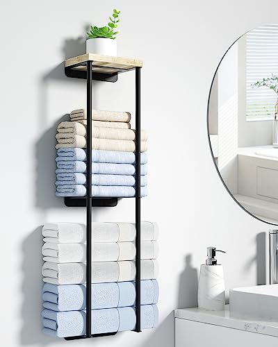 Towel Racks for Bathroom, 2 Tier Wall Towel Holder with Wood Shelf, Metal Wall Towel Rack Mounted Towel Storage for Small Bathroom