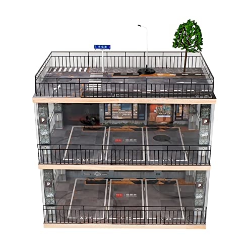 kivcmds 1:24 Scale Car Model Display Case with Parking Lot Scene for Sports Car and Lego Collectors, Display Stand for Alloy Car Model Toy with Light (3-Tiers Coffee Shop Parking Lot)