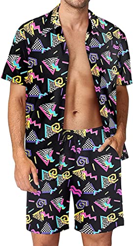 Arssm Mens Vintage Shirts and Shorts Set 2 Pieces 80s 90s Outfit Beach Suit Quick Dry for Retro Active Tracksuits Summer Party (Black)