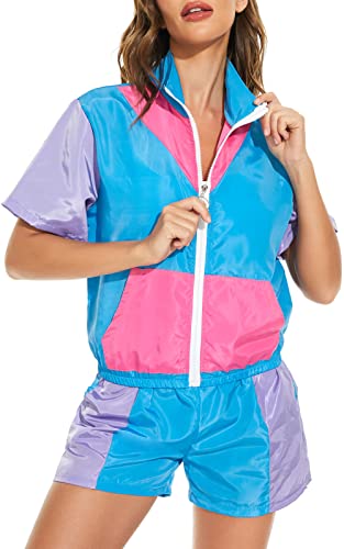 Yisfri Women's Vintage 80s 90s Style 2 Piece Outfit Short Sleeve Zip Front Windbreaker Tracksuit Themed Party Workout Set (Blue, XXL)