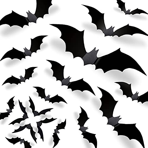 Upgraded AdhesivesHalloween Bats Wall Decor 3D Bats Decorations - 70 Pcs 5 Sizes Matte Black PVC Reusable DIY Bat Stickers Vintage Wall Decals for Home Decor Porch Door Indoor Outdoor Party Supplies