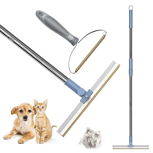 2 Pack Pet Hair Remover Bundle -Ajustable Longth Large Carpet Rake & Portable Carpet Scraper Clothes Fuzz Rollers Hairball Shaver Brush for Carpets, Car Mat, Couch, Pet Bed, Furniture & Rug