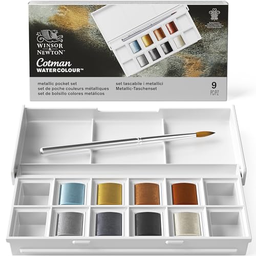 Winsor & Newton Cotman Watercolor Paint Set, 8 Half Pan, Metallic Colors w/ Brush