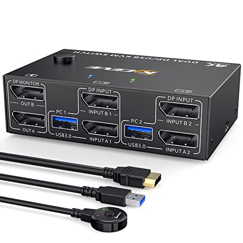 KVM Switch Dual Monitor DisplayPort 1.4 8K@30Hz 4K@144Hz 2 in 2 Out,DP1.4 KVM Switch and 4 USB3.0 for 2 Computers,Backnward Compatible DP1.2 with DP+UBS Cables and Wired Controller
