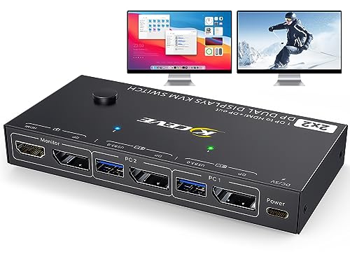 MST Displayport KVM Switch 2 Monitors 2 Computers 4K@144Hz,(1 DP in,DP+HDMI Out),Camgeet Dual Monitor KVM Switch Displayport 1.4 with 4 USB 3.0 Port for USB Device,Wired Remote and 4 Cables Included