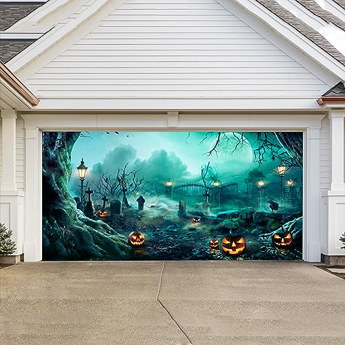 Garage Door Decorations Diamond Painting Moon Forest Jack O' Lanterns in Graveyard Happy Halloween 3D Door Decoration Garage Door Mural, Halloween Indoor Outdoor Wall Door House Deco 7ft x 16ft