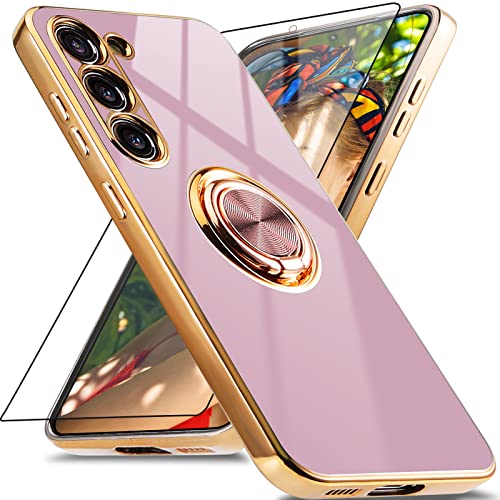 Aitipy for Samsung Galaxy S23 Plus Case with Screen Protector, Built-in 360 Rotation Ring Holder Magnetic Stand, Luxury Shiny Plating Edge Shockproof Electroplated Protective Cover (Purple/Golden)