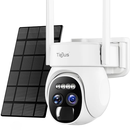 TIEJUS Security Cameras Wireless Outdoor with 10X Zoom, Dual Lens Cameras for Home Security Outside, 360 PTZ Solar Camera Security Outdoor, 2K Color Night Vision/2-Way Talk/2.4G WiFi/Work with Alexa