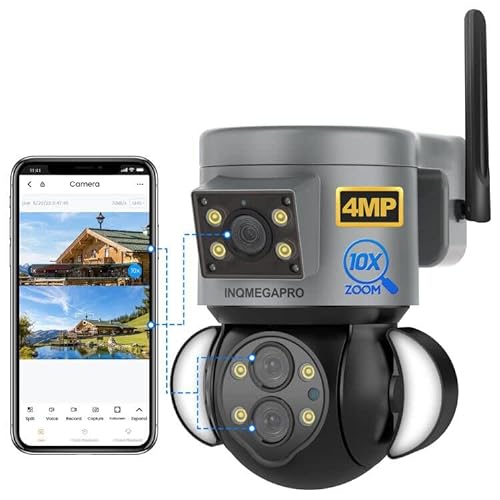 4MP Security Camera Outdoor, 10X Optical Zoom,Dual-Lens Wifi Wireless Camera,360 Pan/Tilt/Zoom Security Camera System with Motion Tracking, Two-Way Talk,Siren Alarm, Color Night Vision,Dual Screen
